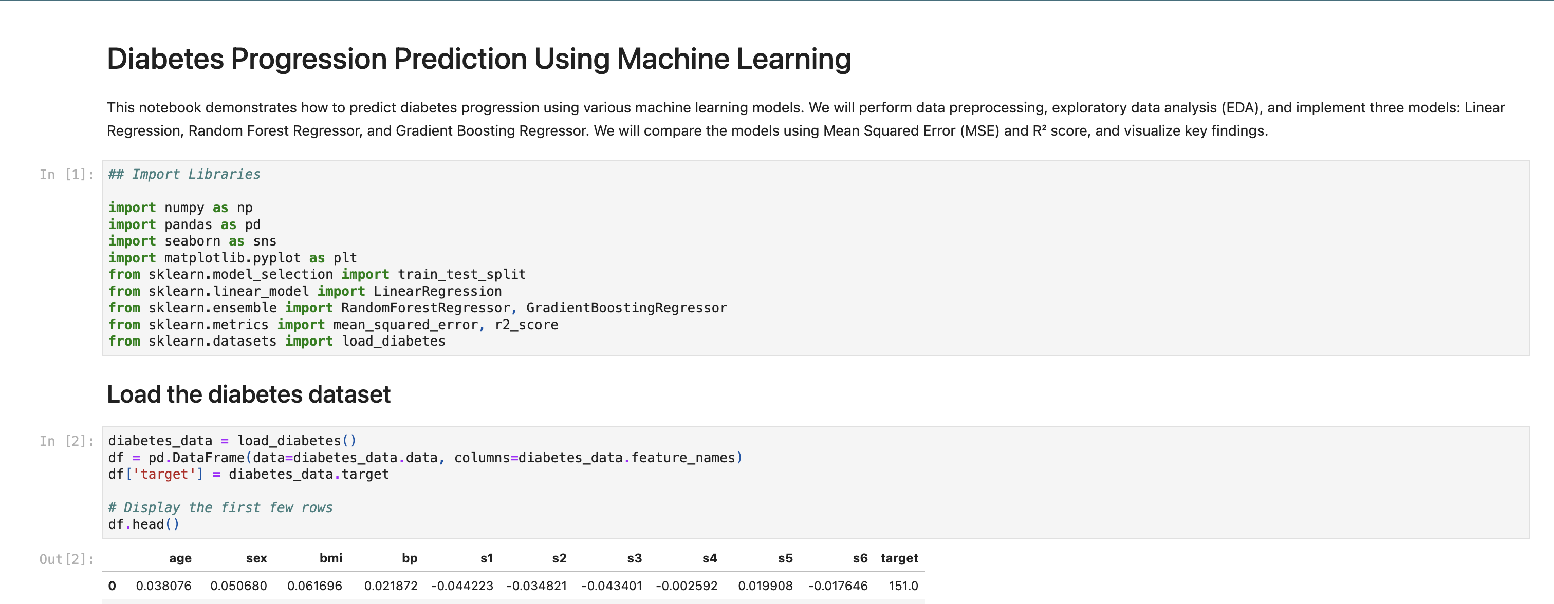 Diabetes Progression Prediction Using Machine Learning